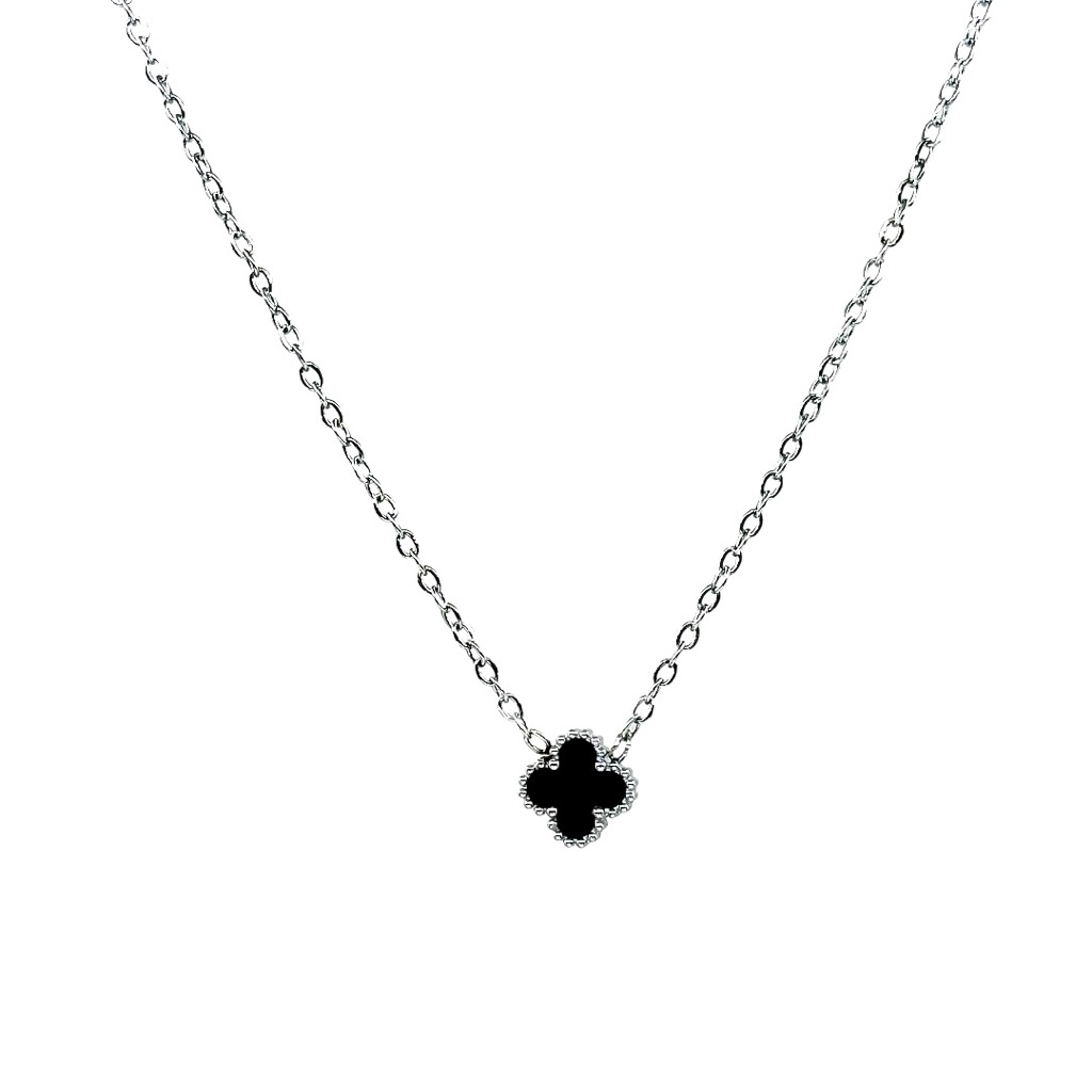 Petite Silver Black Onyx Clover Necklace Double Sided